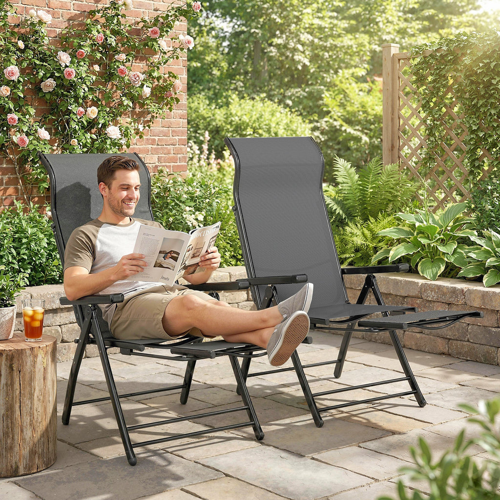 Set of 2 Folding Patio Chairs with Footrest and 5-Position Recline, Dark Grey