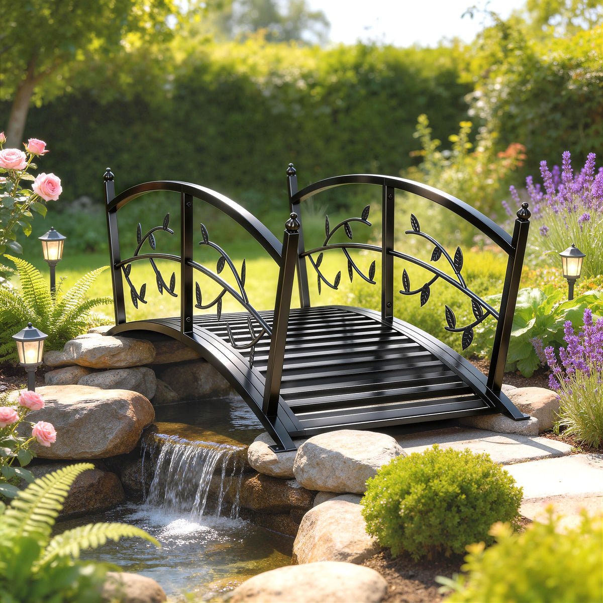 1.2M Metal Garden Bridge with Safety Railings, Black