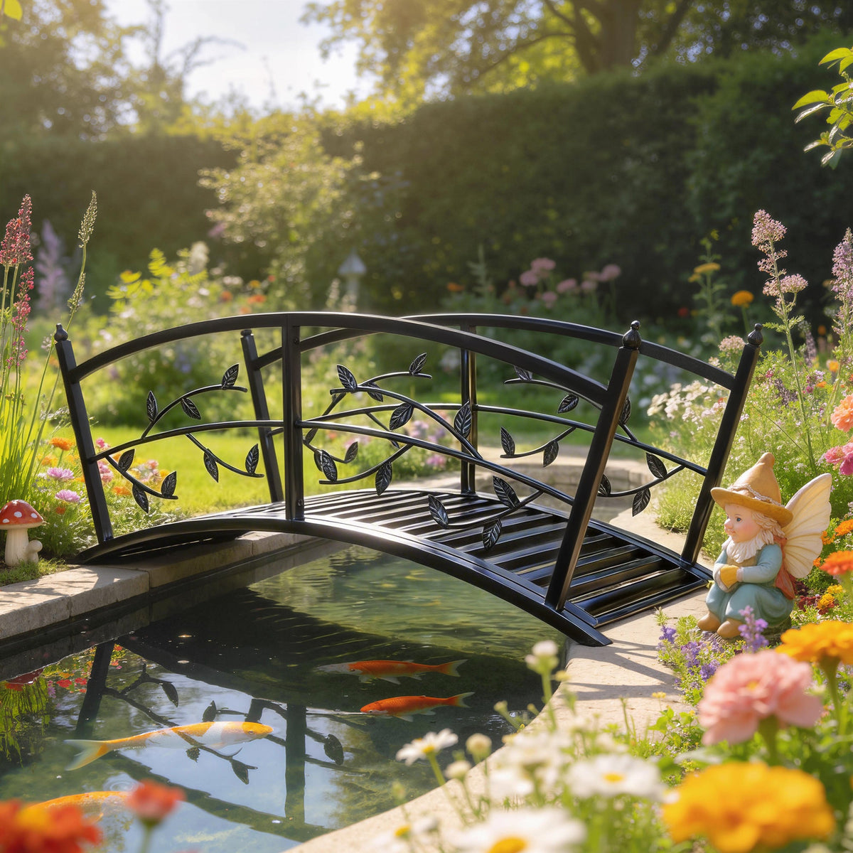 1.2M Metal Garden Bridge with Safety Railings, Black