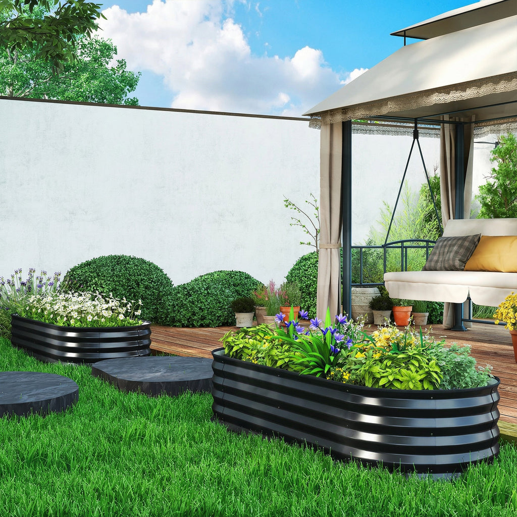 Set of 2 Galvanised Raised Beds with Stakes, 150 x 60 x 30 cm, Dark Grey
