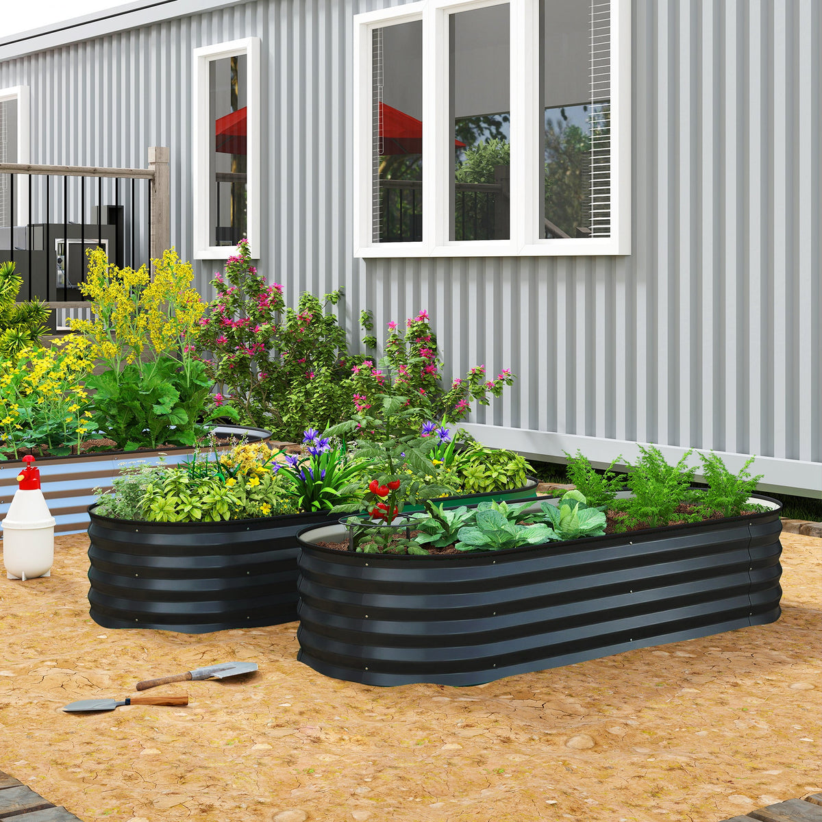Set of 2 Galvanised Raised Beds with Stakes, 150 x 60 x 30 cm, Dark Grey