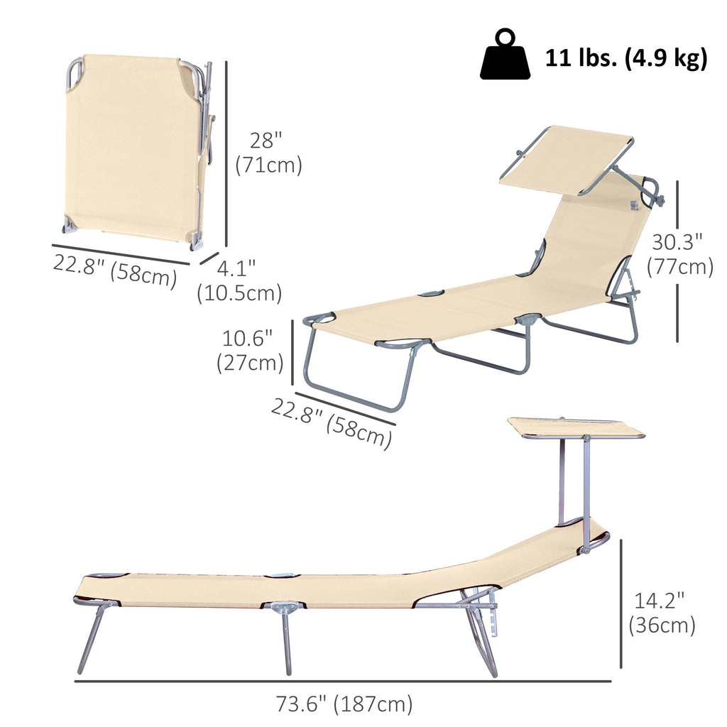 Adjustable Folding Lounge Chair with Sun Shade, Beige
