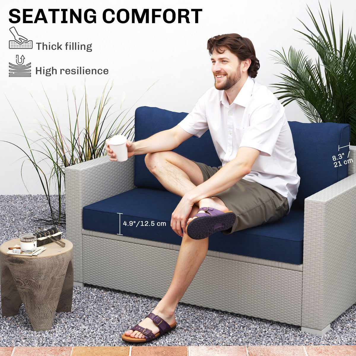 2 Seater Outdoor Seat Cushions with Backrest, Navy Blue