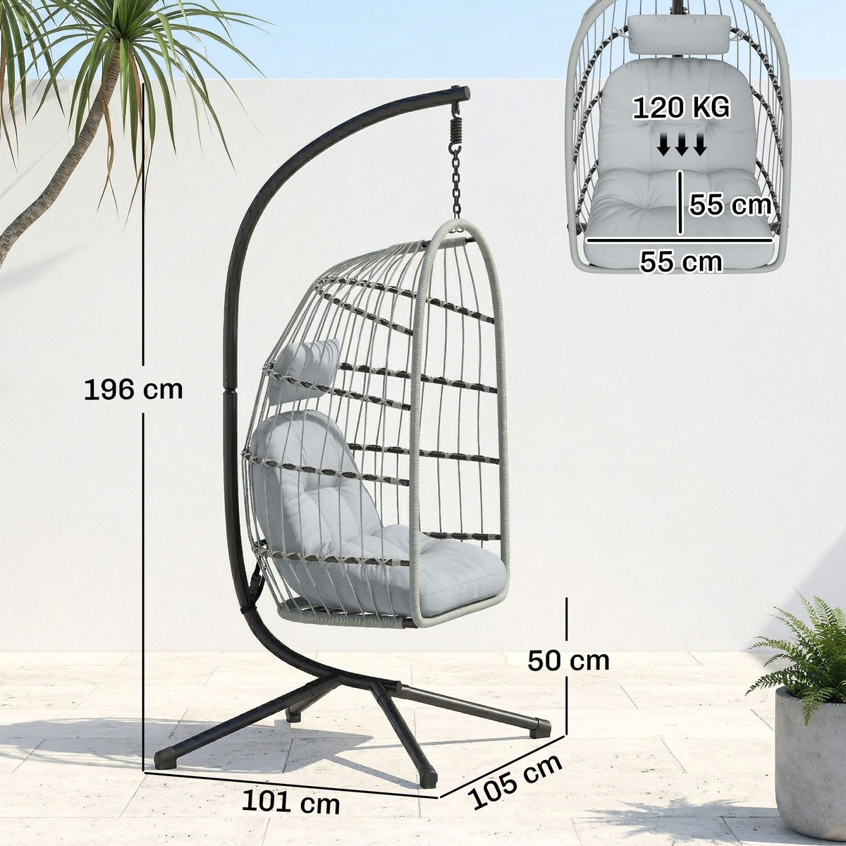 Hanging Egg Chair with Foldable Metal Stand, Thick Cushion, Light Grey
