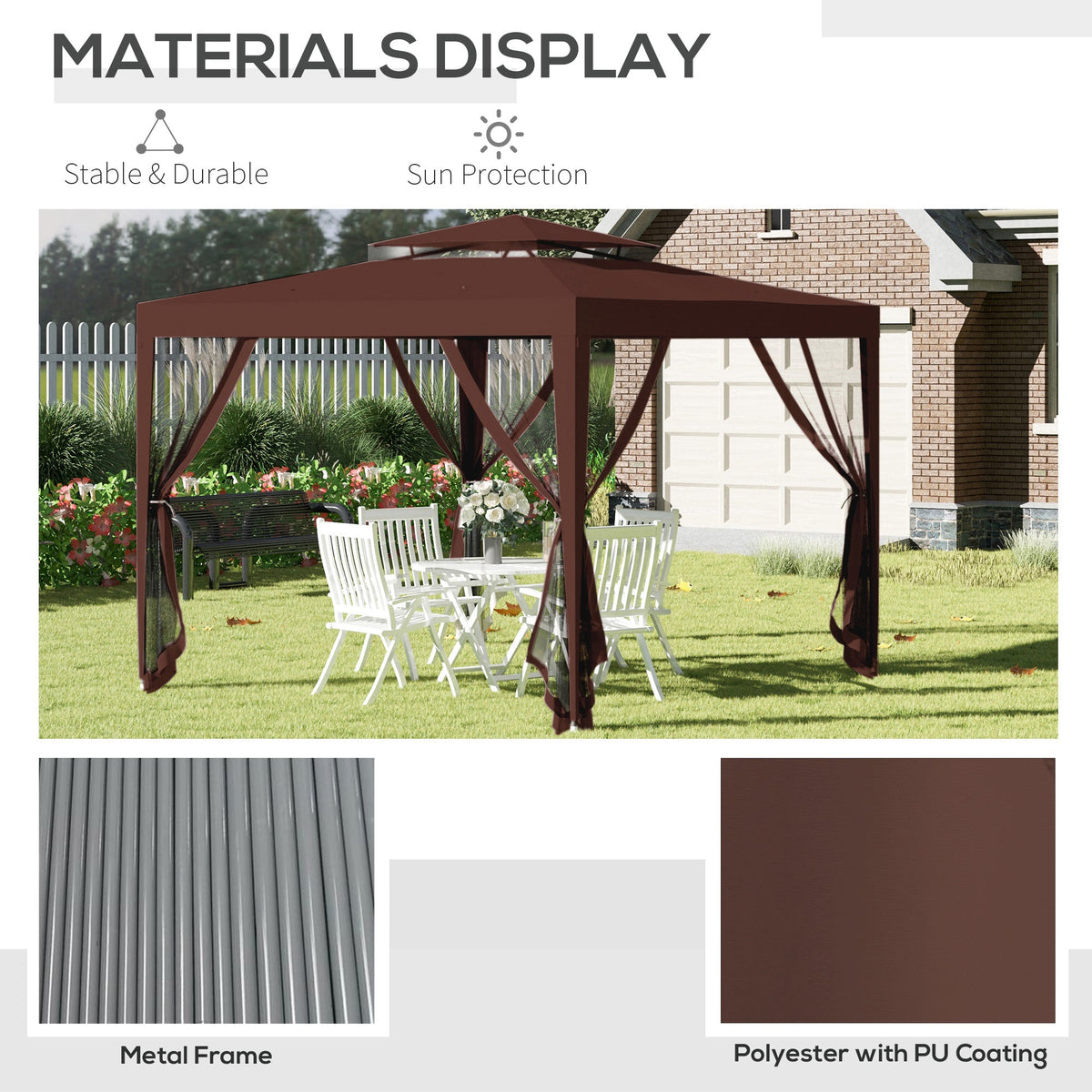 10' x 10' Canopy Tent with Mesh Netting and Double Tier Roof, Brown