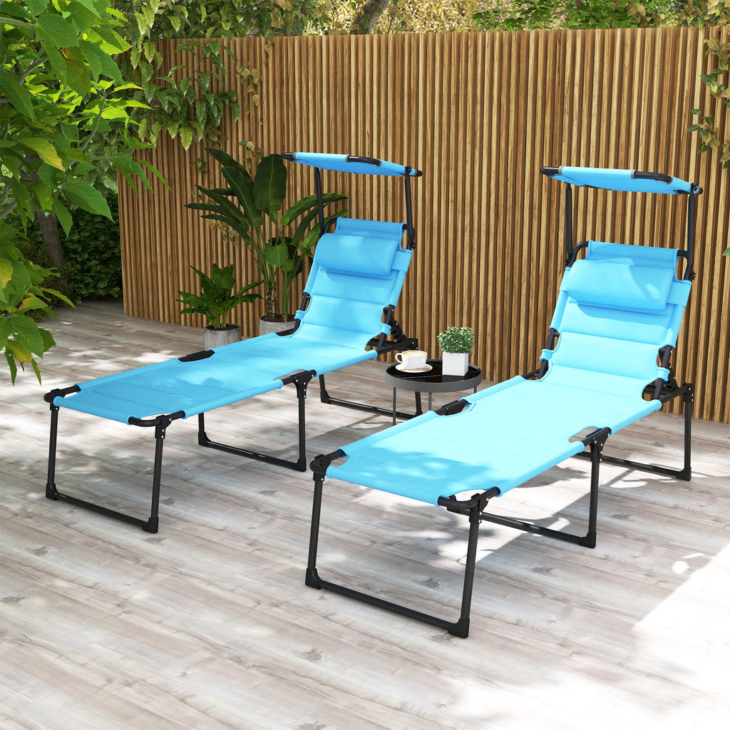 2-Piece Outdoor Lounge Chairs with Sunshade and Pillow, Light Blue