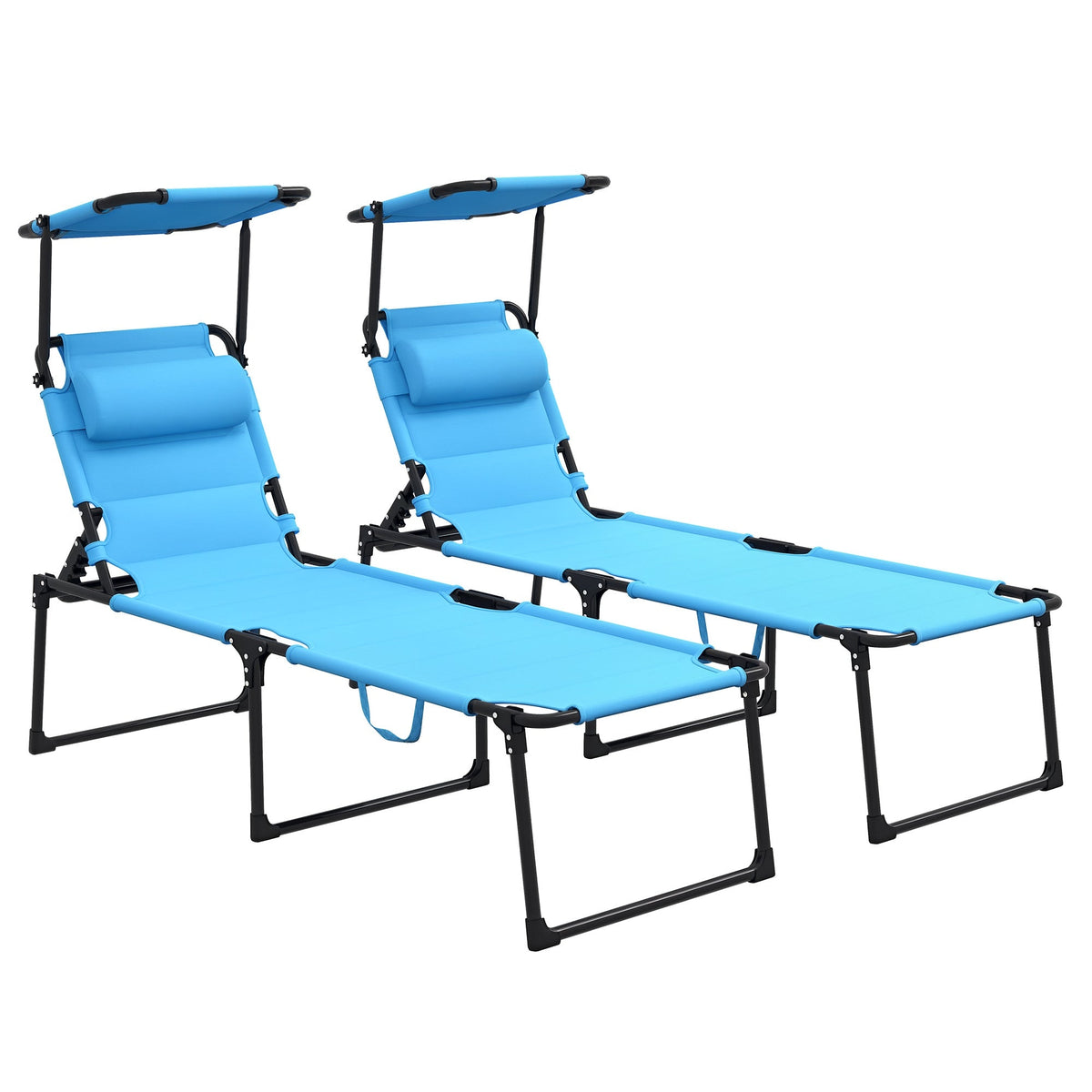 2-Piece Outdoor Lounge Chairs with Sunshade and Pillow, Light Blue