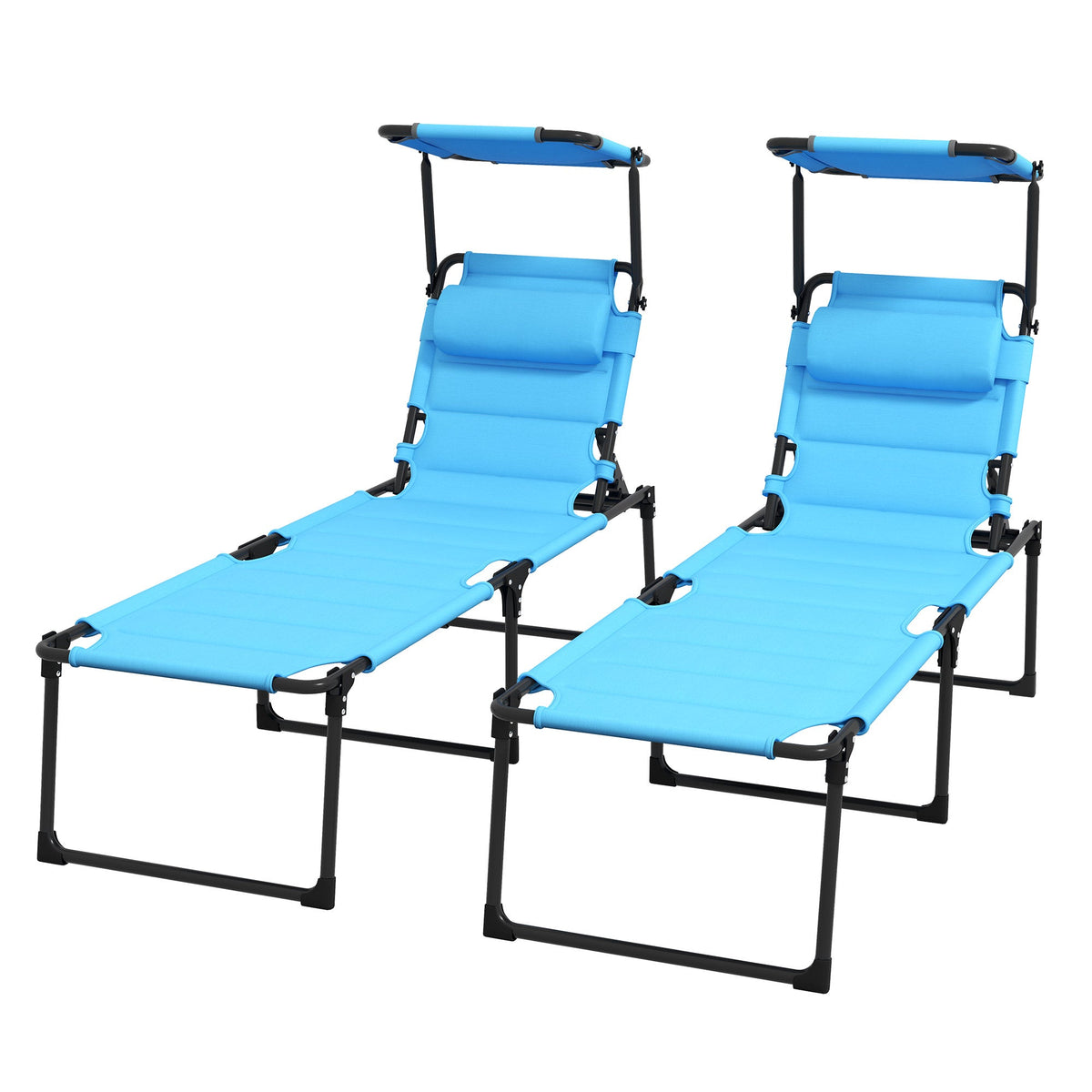 2-Piece Outdoor Lounge Chairs with Sunshade and Pillow, Light Blue