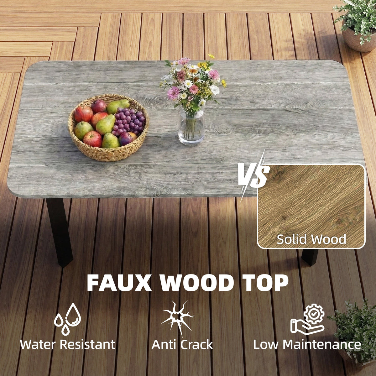 90 x 49 x 40 cm Outdoor Coffee Table with Slatted WPC Top, Grey