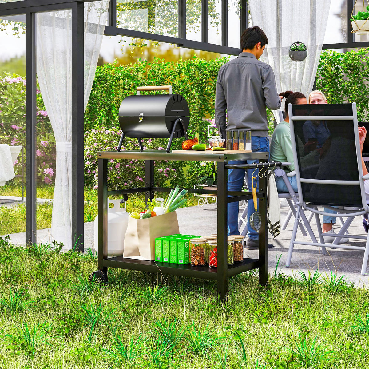 Outdoor Grill Cart with Stainless Steel Top, 2 Shelves and Wheels, Charcoal Grey