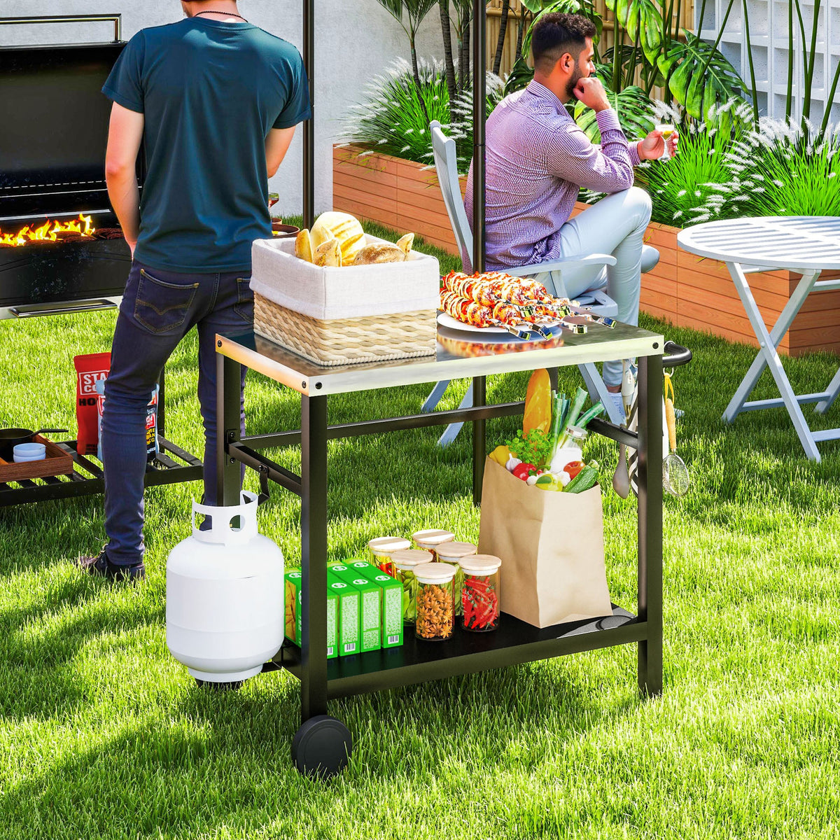 Outdoor Grill Cart with Stainless Steel Top, 2 Shelves and Wheels, Charcoal Grey