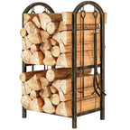 2-Tier Firewood Rack with 4 Fireplace Tools & Hooks, 220 lb Capacity, Coffee Brown