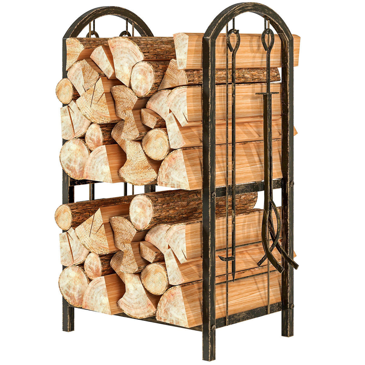 2-Tier Firewood Rack with 4 Fireplace Tools & Hooks, 220 lb Capacity, Coffee Brown