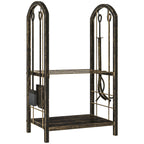 2-Tier Firewood Rack with 4 Fireplace Tools & Hooks, 220 lb Capacity, Coffee Brown