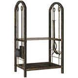 2-Tier Firewood Rack with 4 Fireplace Tools & Hooks, 220 lb Capacity, Coffee Brown