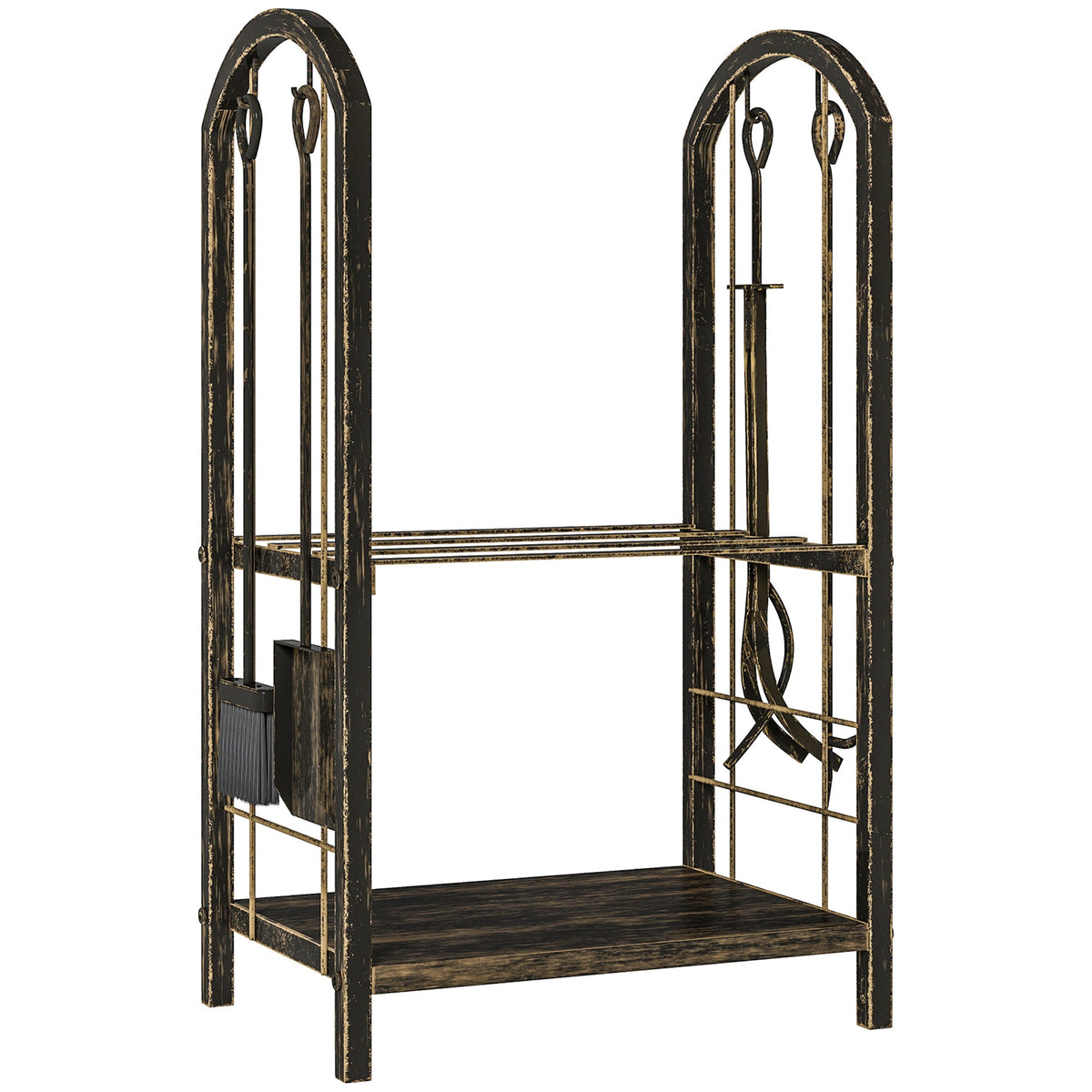 2-Tier Firewood Rack with 4 Fireplace Tools & Hooks, 220 lb Capacity, Coffee Brown