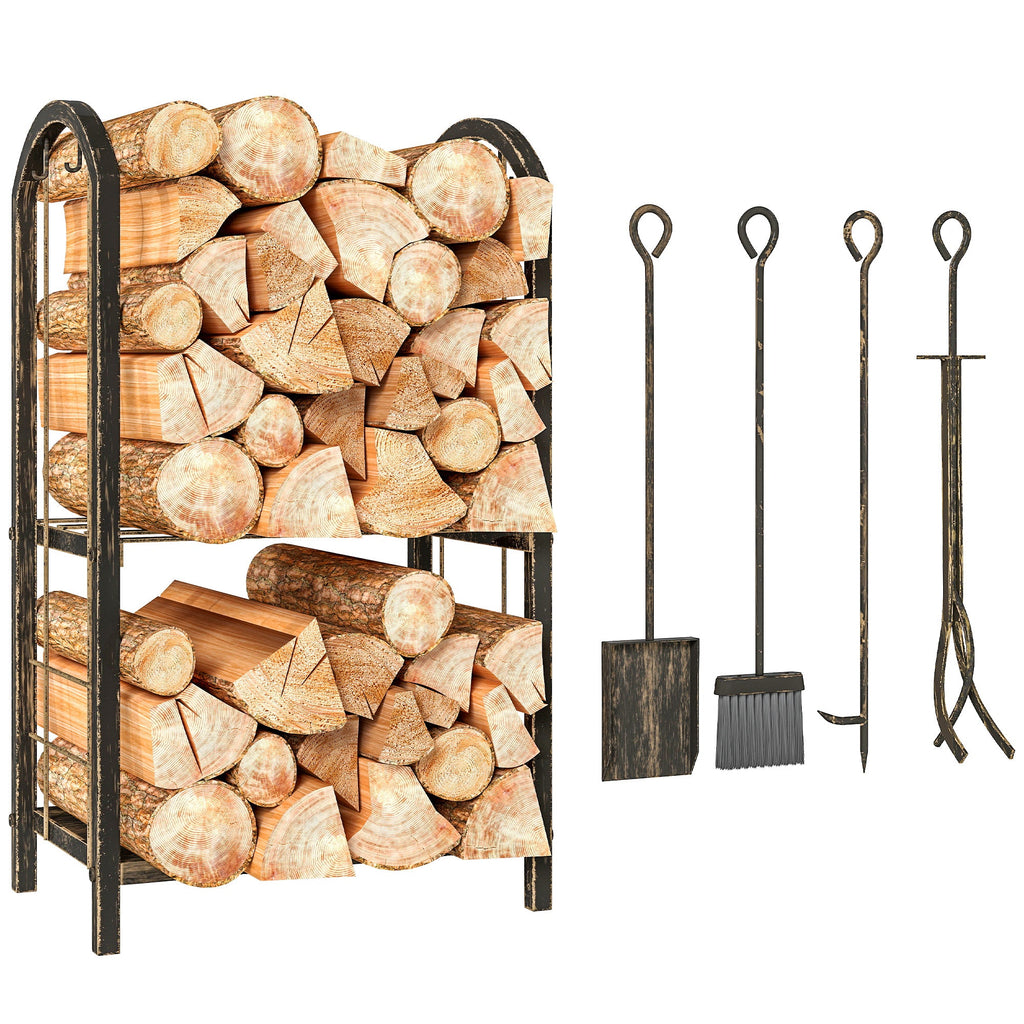 2-Tier Firewood Rack with 4 Fireplace Tools & Hooks, 220 lb Capacity, Coffee Brown