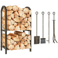 2-Tier Firewood Rack with 4 Fireplace Tools & Hooks, 220 lb Capacity, Coffee Brown