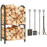 2-Tier Firewood Rack with 4 Fireplace Tools & Hooks, 220 lb Capacity, Coffee Brown