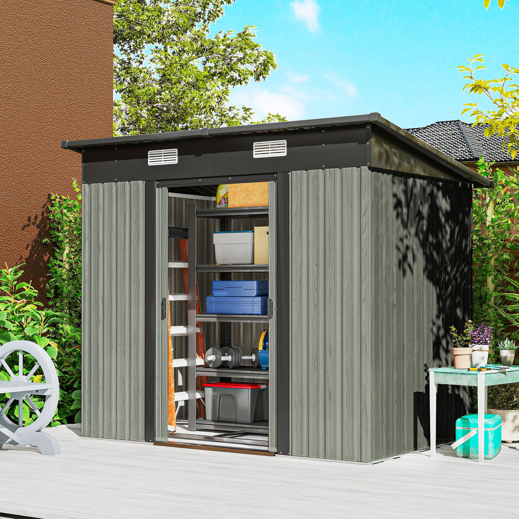 7 x 4 ft Lean-To Metal Shed with Foundation Kit for Bike & Mower, Light Grey