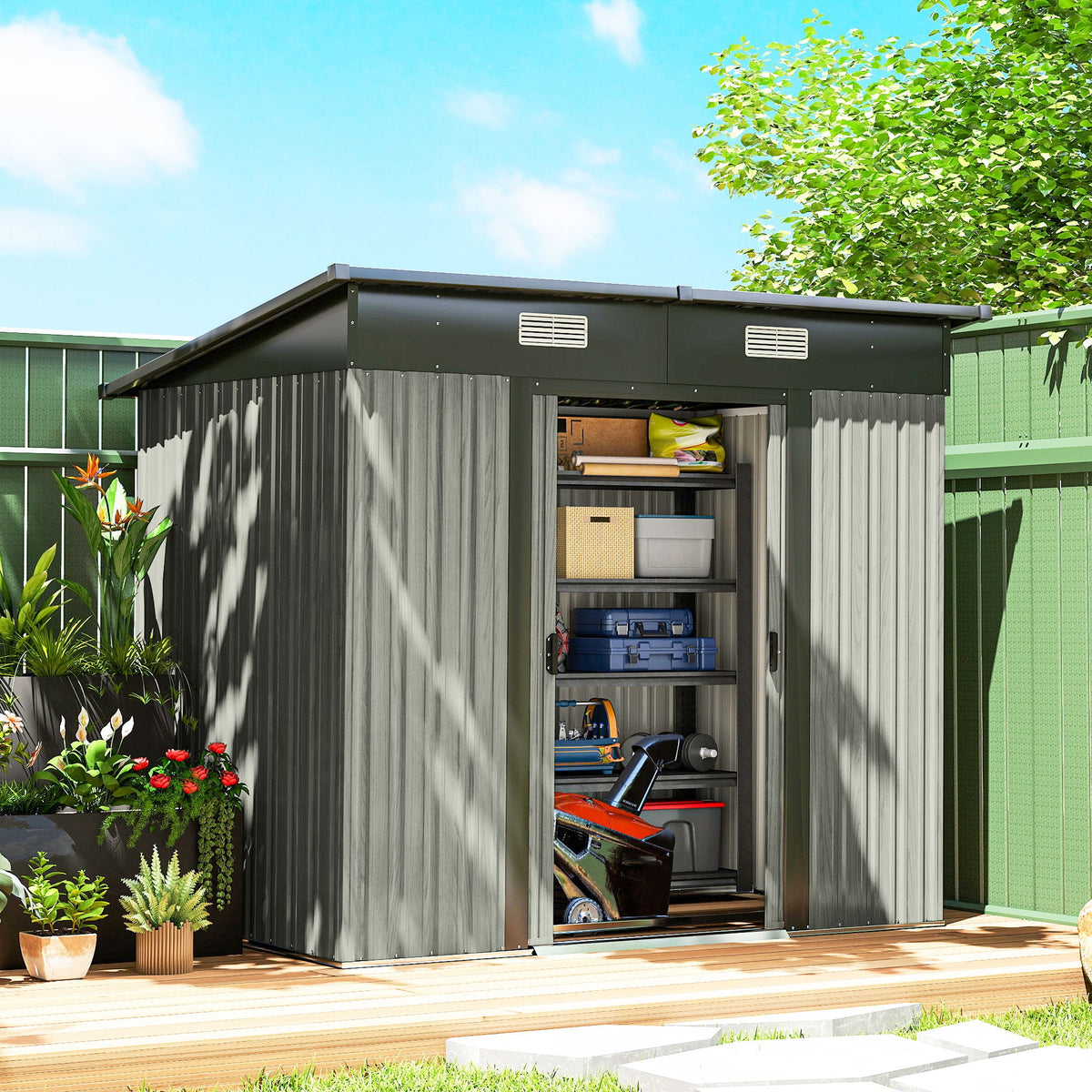 7 x 4 ft Lean-To Metal Shed with Foundation Kit for Bike & Mower, Light Grey