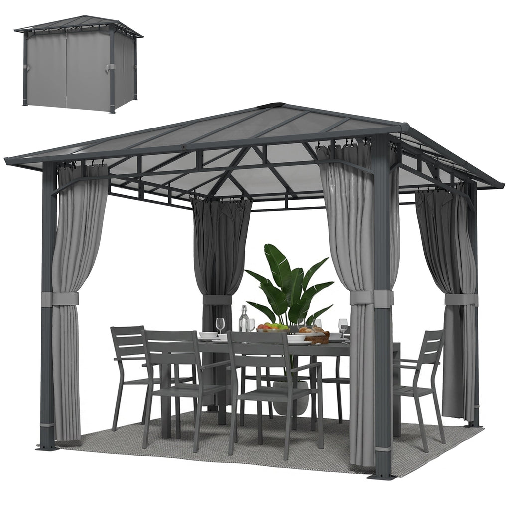 3 x 3 m Hardtop Gazebo with Polycarbonate Roof and Curtains, Tan