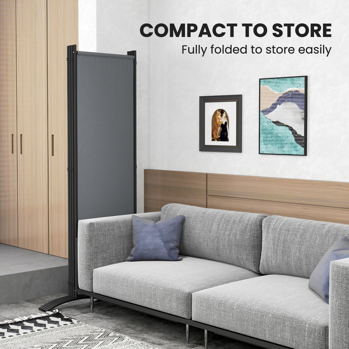 4 Panel Folding Room Divider with Wide Feet, Dark Grey