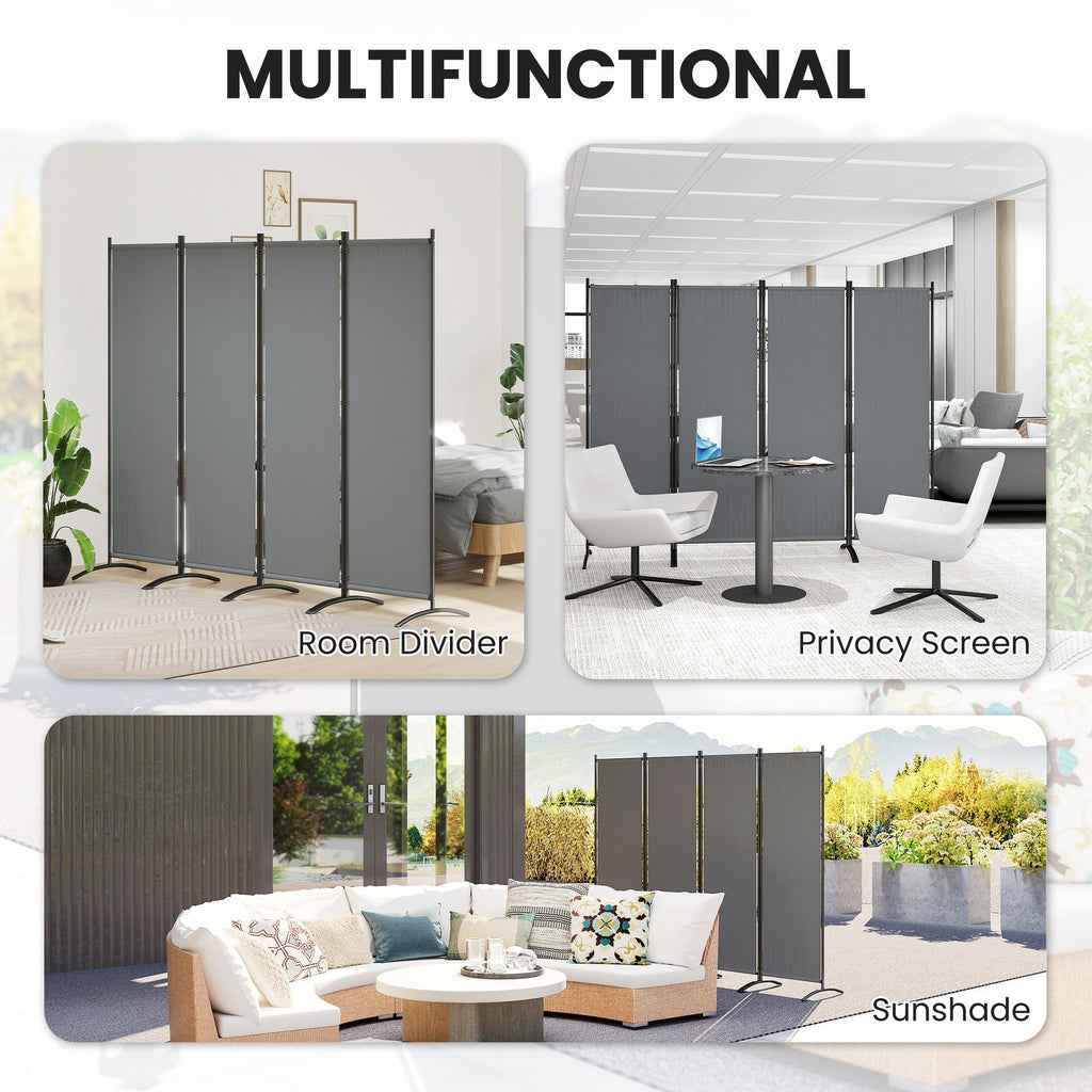 4 Panel Folding Room Divider with Wide Feet, Dark Grey