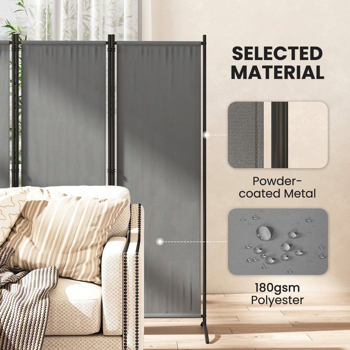 4 Panel Folding Room Divider with Wide Feet, Dark Grey