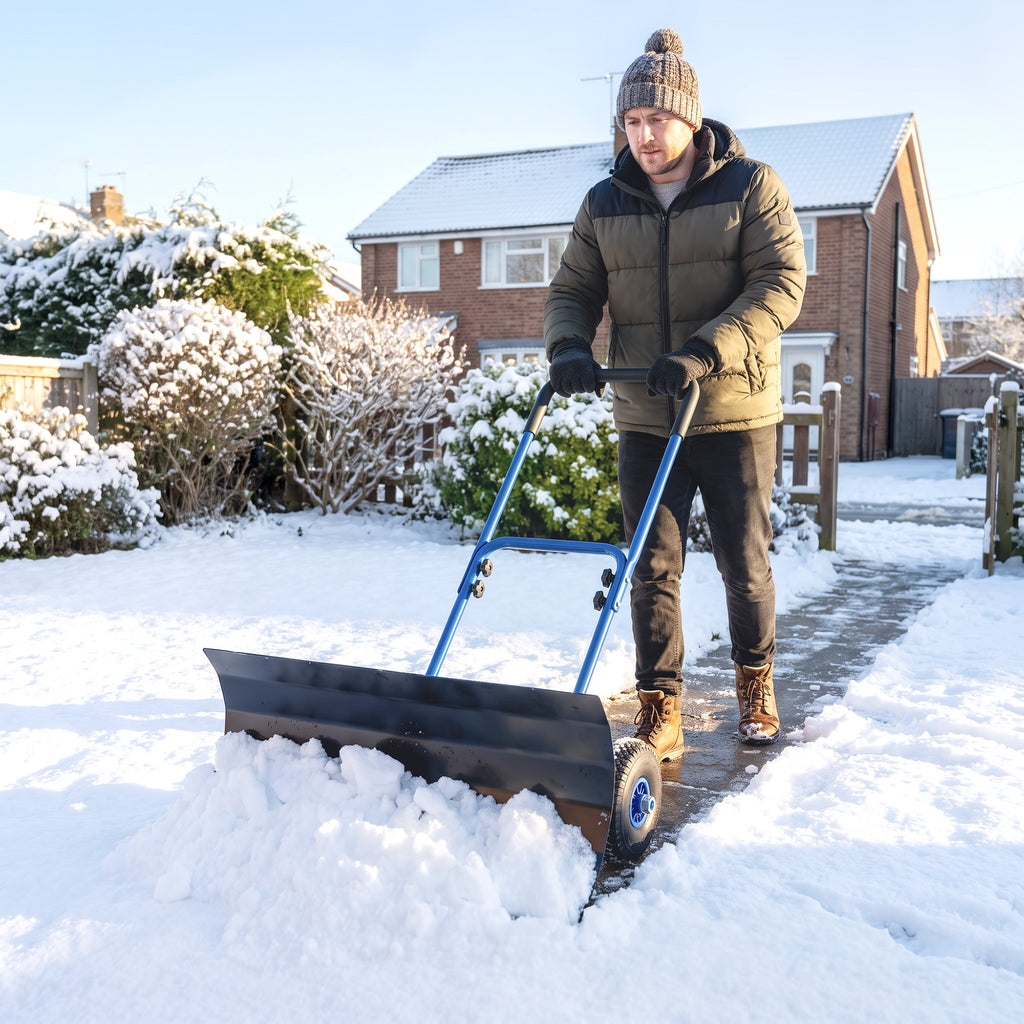 Heavy Duty Snow Pusher with Wheels, 29" x 16.5" Metal Blade, 5-Level Handle, Blue