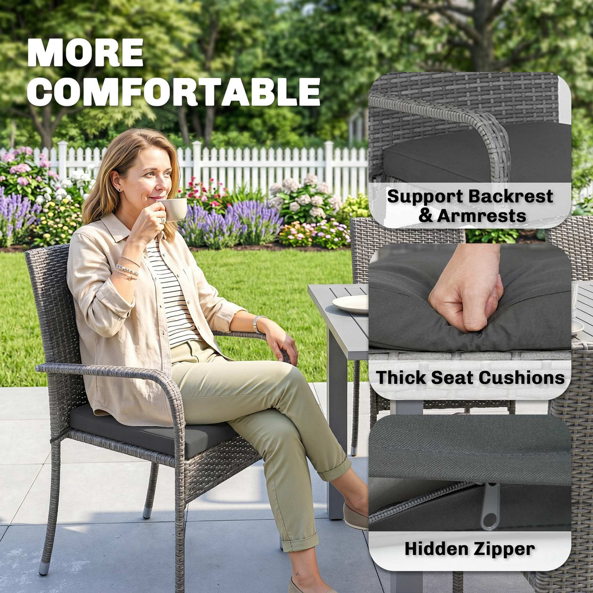 7-Piece Rattan Dining Set with Extendable Acacia Table and 6 Cushioned Chairs