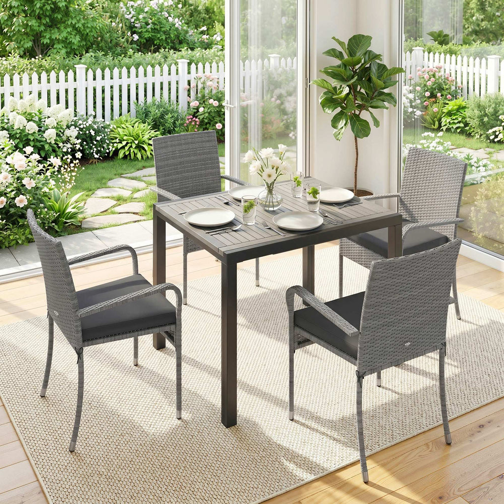 7-Piece Rattan Dining Set with Extendable Acacia Table and 6 Cushioned Chairs