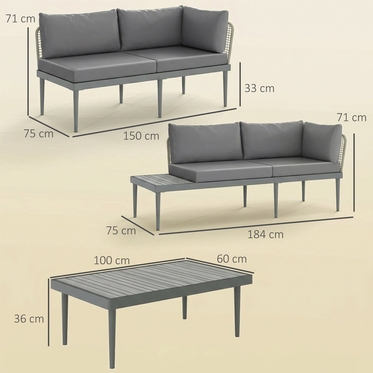 4-Seater L-Shaped Rattan Corner Sofa Set with Acacia Wood Coffee Table, Grey