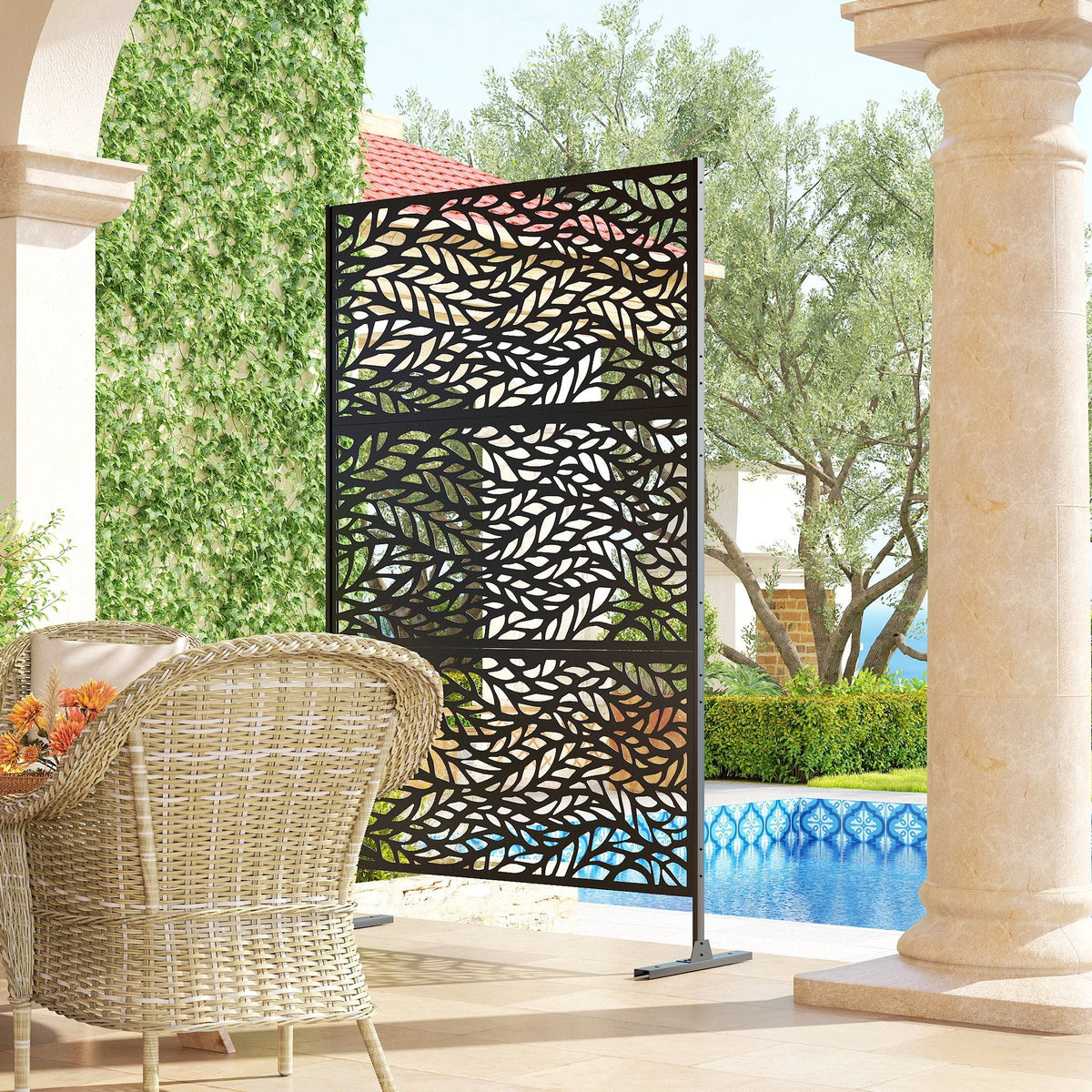 78" x 48" Metal Outdoor Privacy Screen, Willow Branch Design, Black