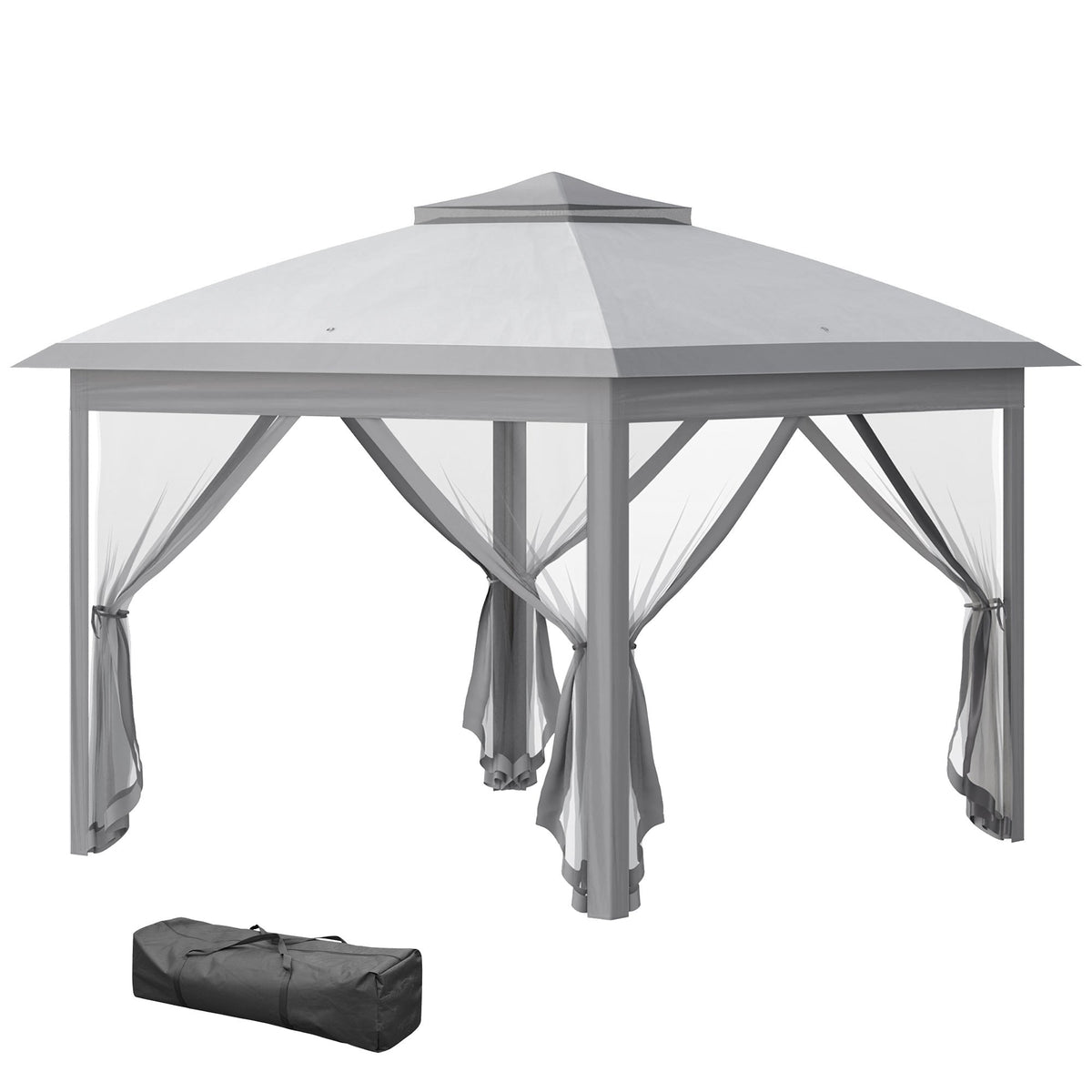 11' x 11' Pop Up Canopy with Double Roof and Mesh Sidewalls, Light Grey