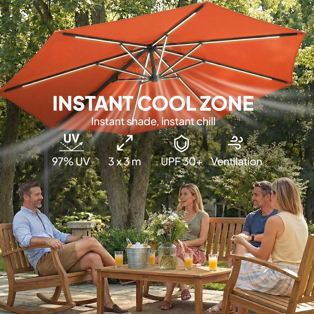3 m Cantilever Parasol with Solar LED Light, Cover & 360° Rotation, Orange