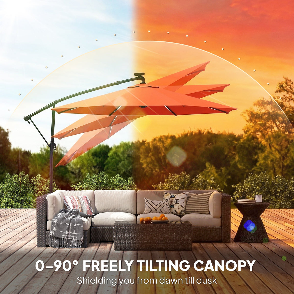 3 m Cantilever Parasol with Solar LED Light, Cover & 360° Rotation, Orange