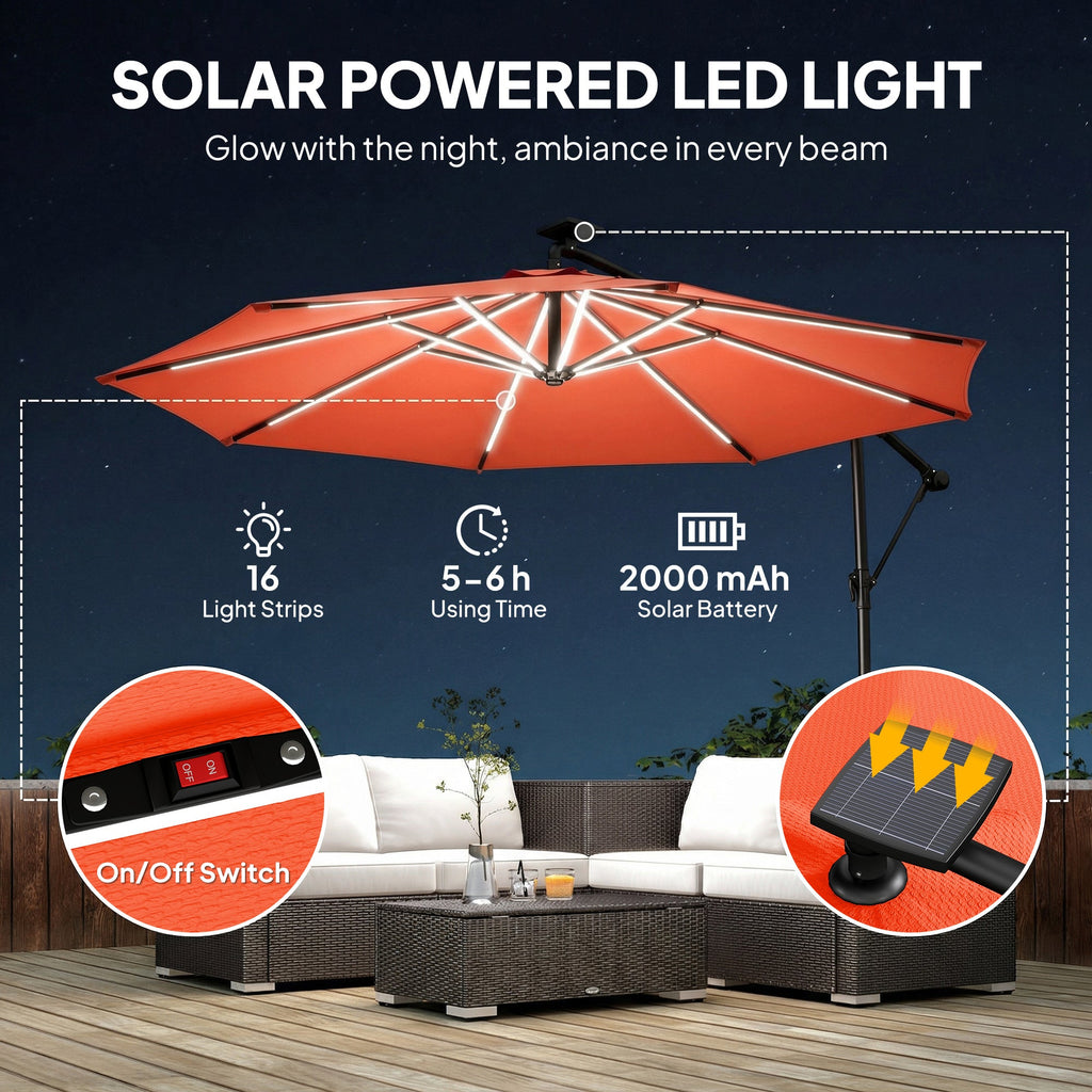 3 m Cantilever Parasol with Solar LED Light, Cover & 360° Rotation, Orange
