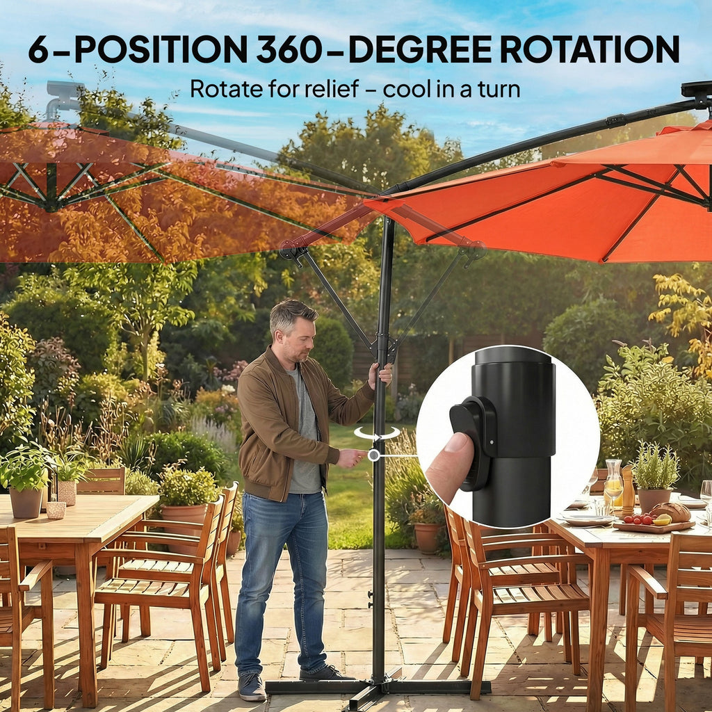 3 m Cantilever Parasol with Solar LED Light, Cover & 360° Rotation, Orange