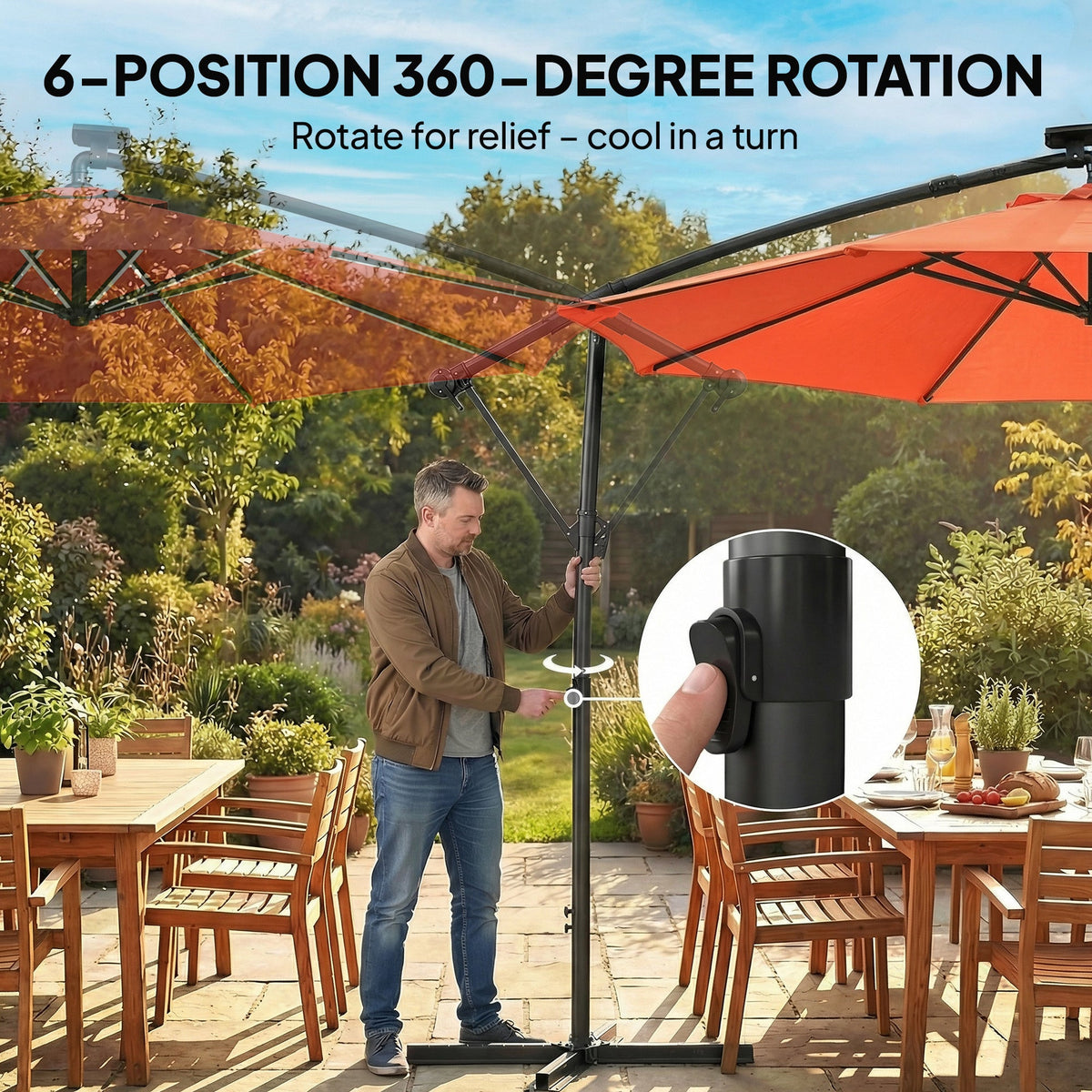 3 m Cantilever Parasol with Solar LED Light, Cover & 360° Rotation, Orange