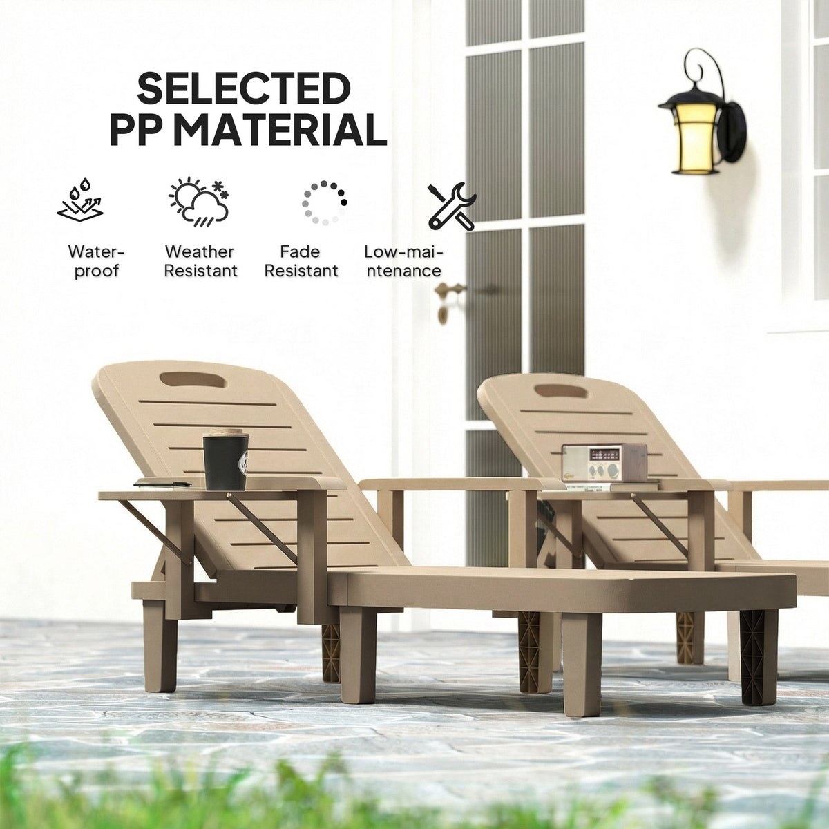 Set of 2 Resin Sun Loungers with Foldable Side Table, Khaki