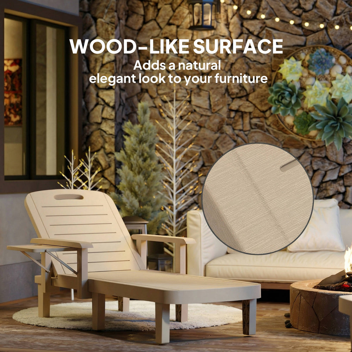 Set of 2 Resin Sun Loungers with Foldable Side Table, Khaki