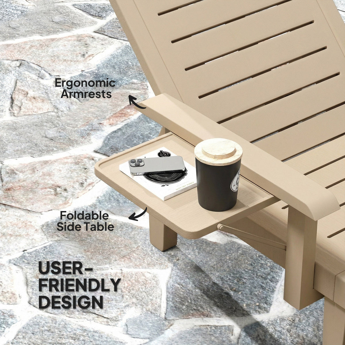 Set of 2 Resin Sun Loungers with Foldable Side Table, Khaki