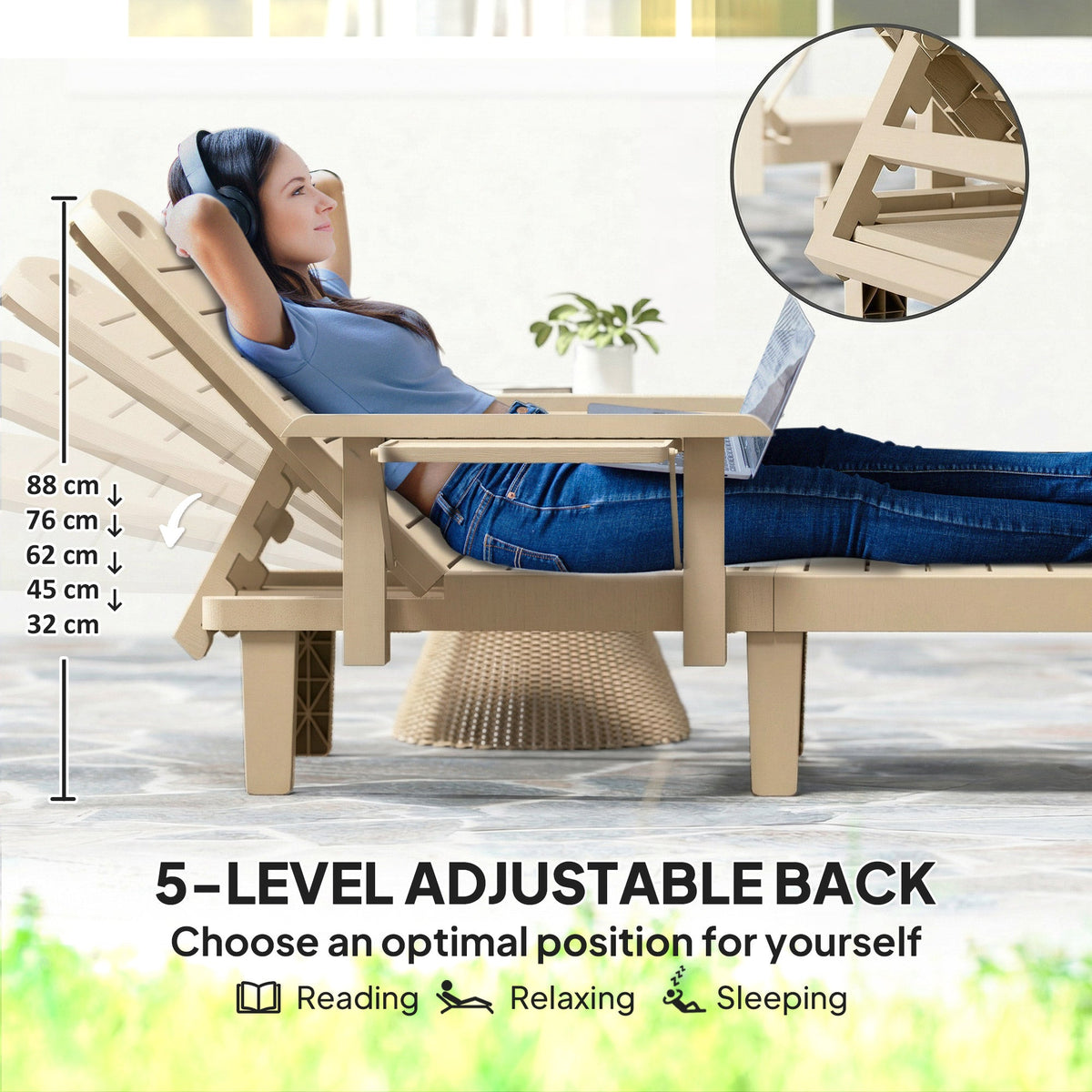 Set of 2 Resin Sun Loungers with Foldable Side Table, Khaki