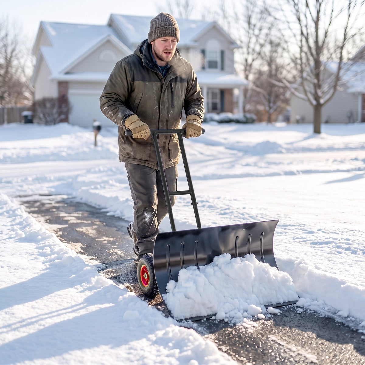 29" x 18" Heavy Duty Metal Snow Pusher with Wheels, 5-Level Adjustable Handle, Black