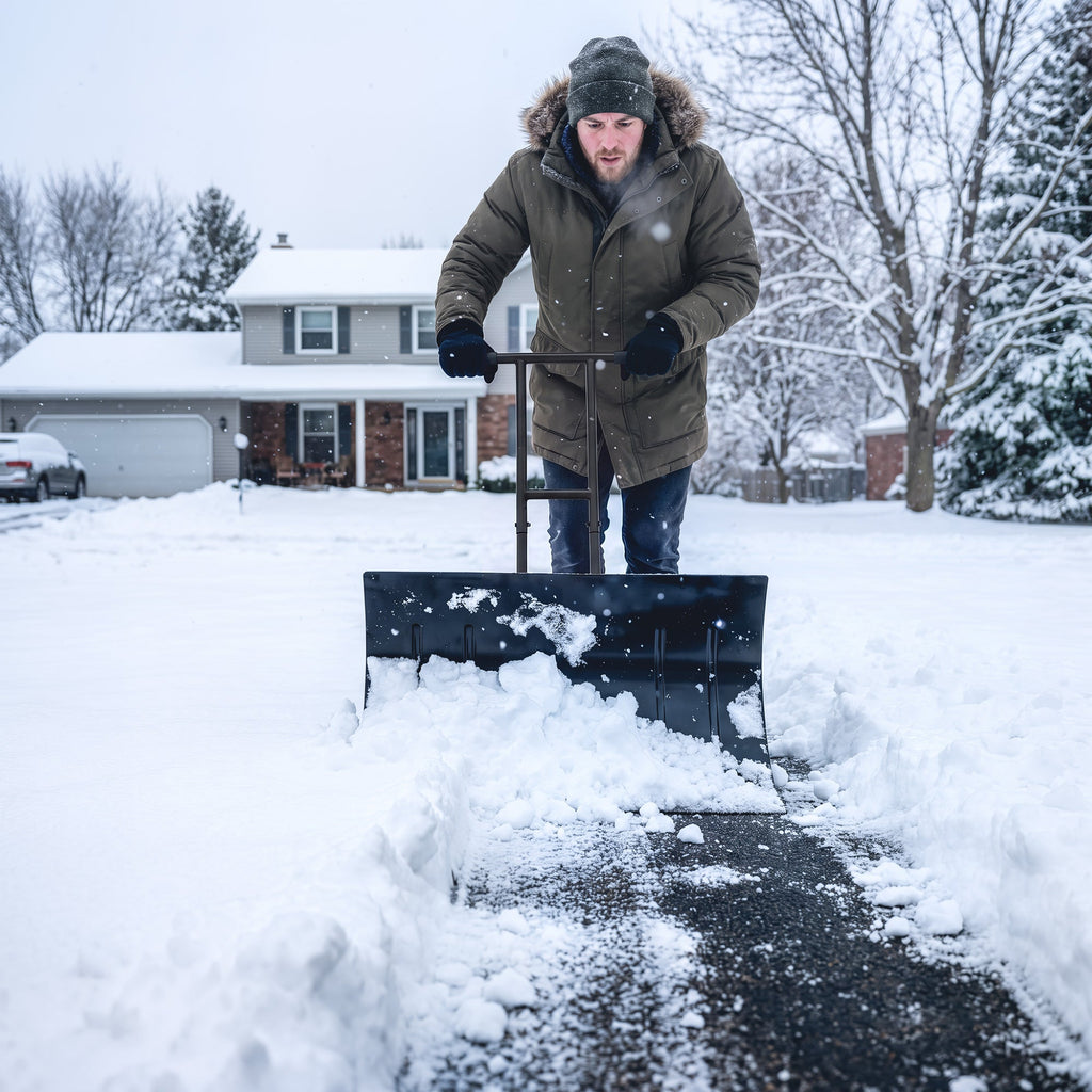 29" x 18" Heavy Duty Metal Snow Pusher with Wheels, 5-Level Adjustable Handle, Black