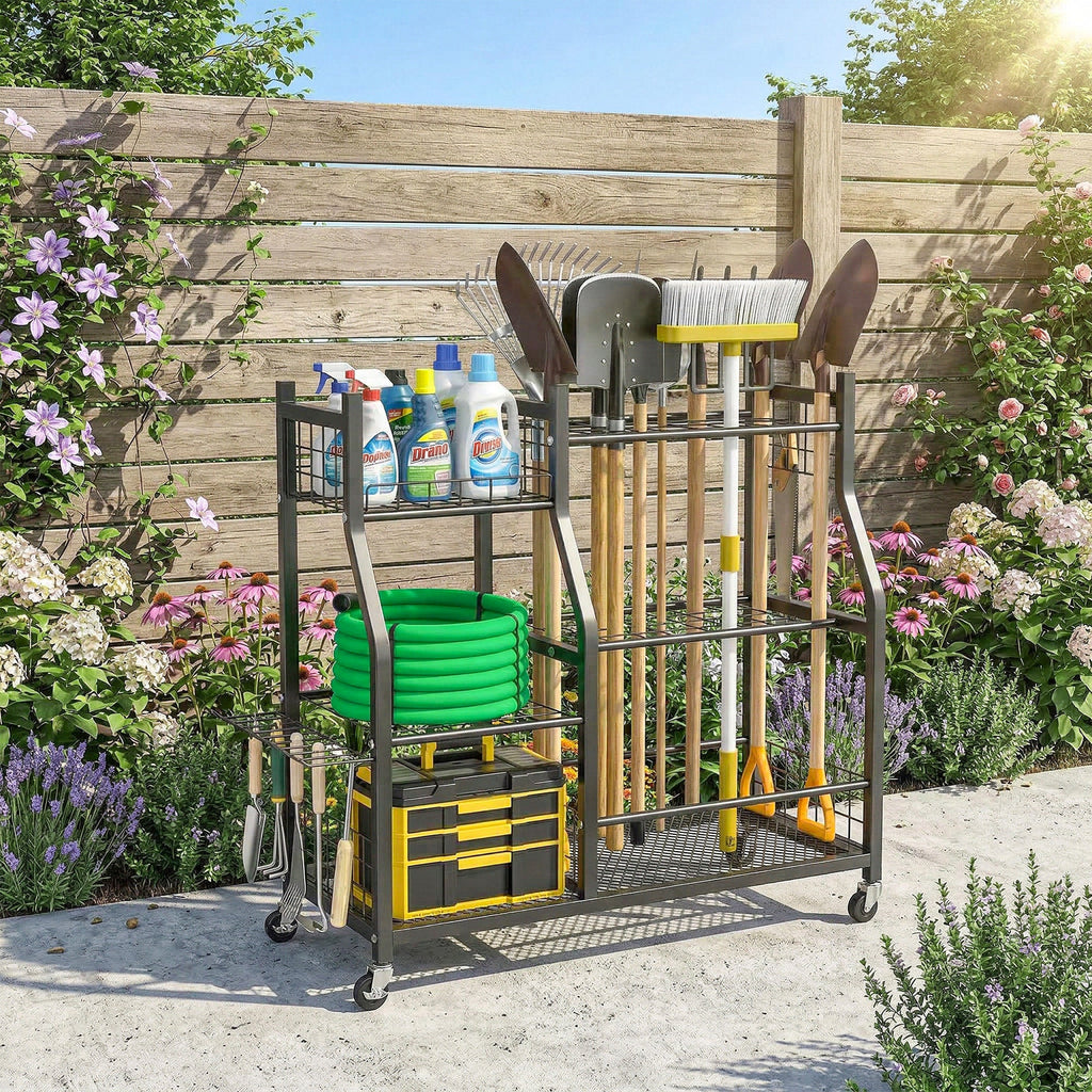 Garden Tool Organizer with 74 Slots, 4 Wheels and 11 Hooks, Black
