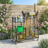 Garden Tool Organizer with 74 Slots, 4 Wheels and 11 Hooks, Black