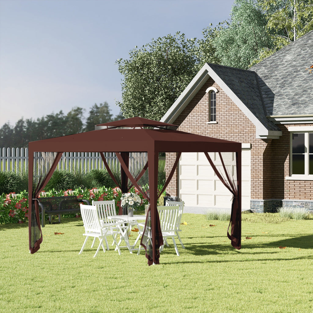 10' x 10' Canopy Tent with Mesh Netting and Double Tier Roof, Brown