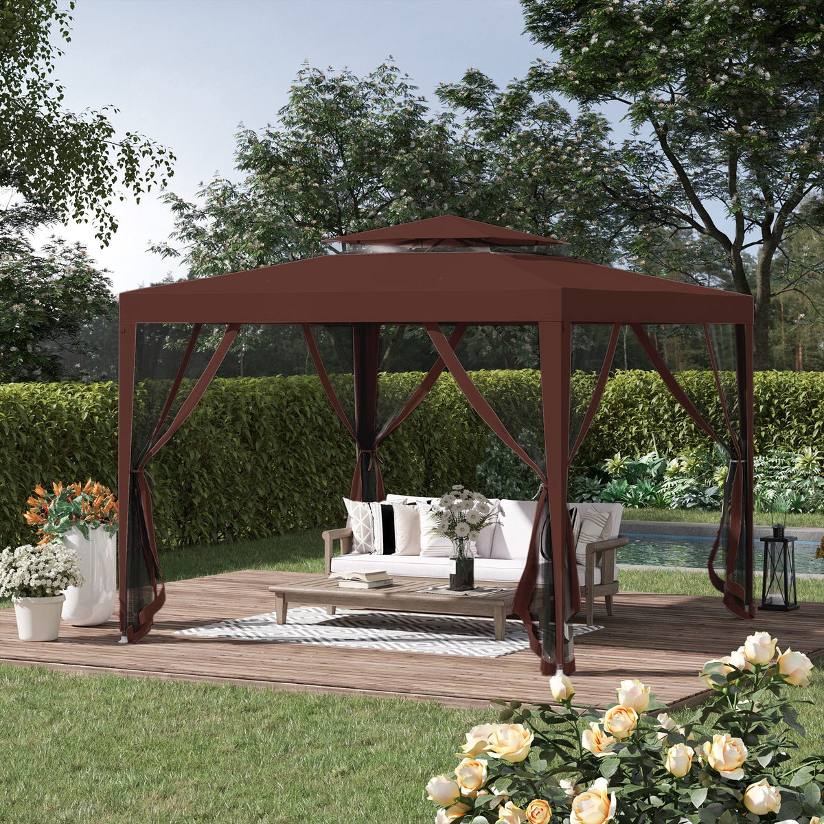 10' x 10' Canopy Tent with Mesh Netting and Double Tier Roof, Brown